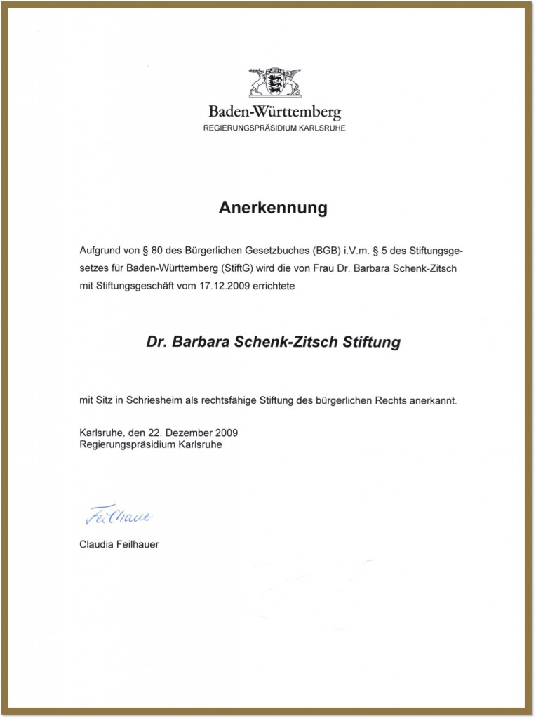 Anerkennung der Dr. Barbara Schenk-Zitsch Stiftung